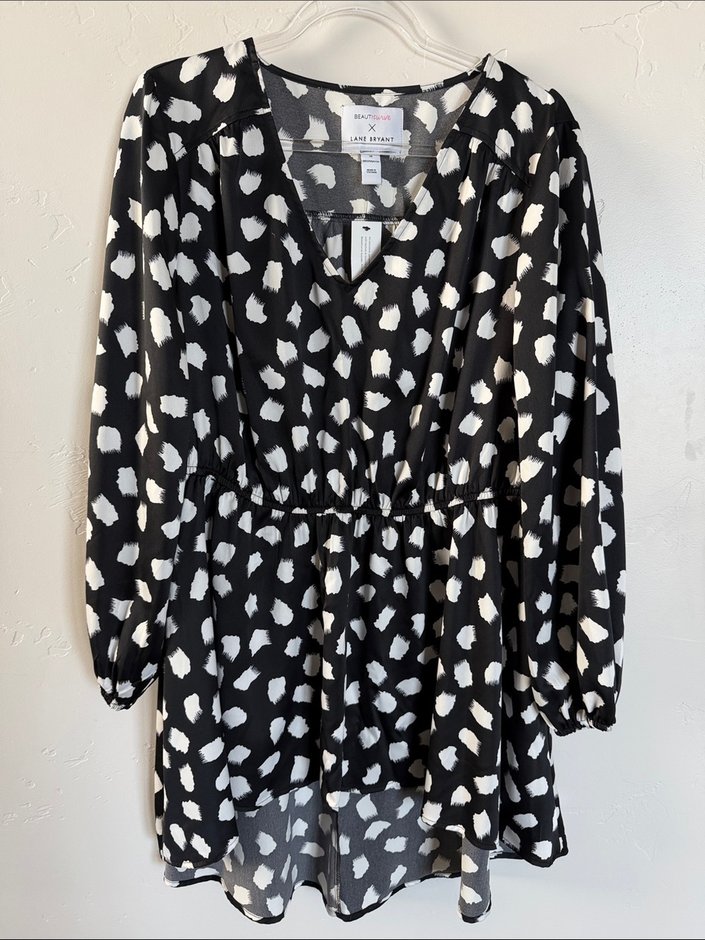 Lane Bryant Satin Black and White Printed High Low Blouse